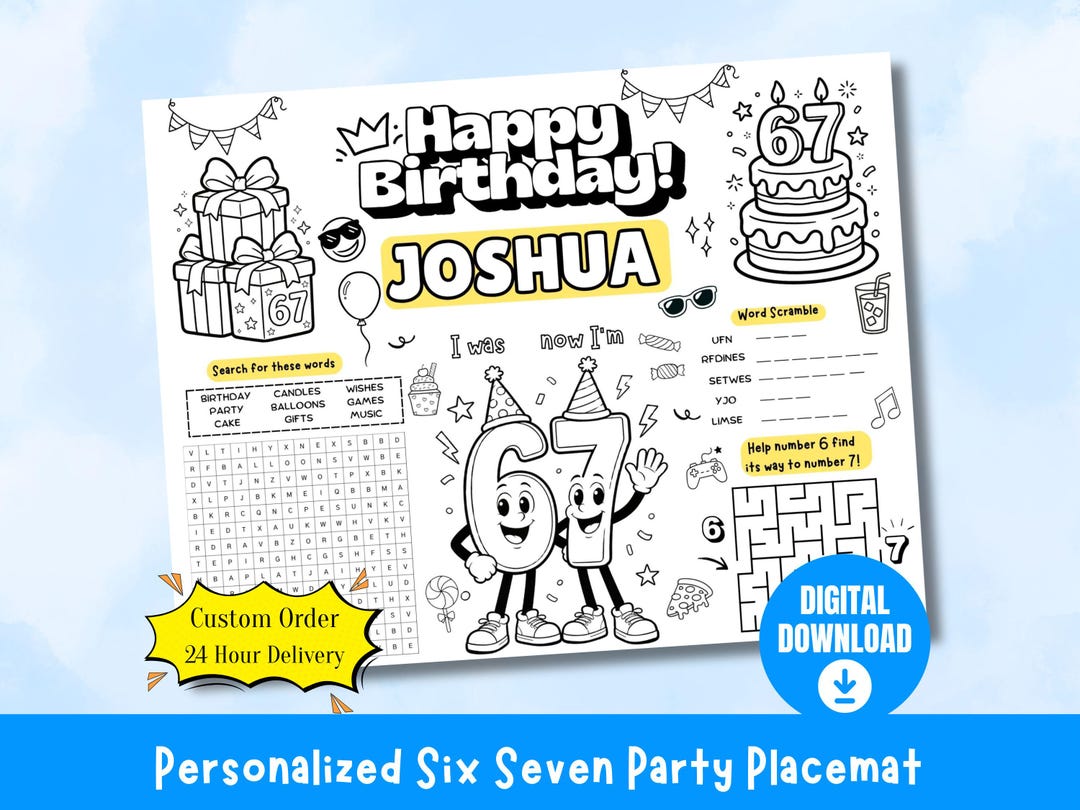 Personalized 6 7 Birthday Coloring Page | 6 7 Party Kids Activity Sheet
