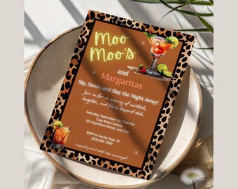 Moo Moos and Margaritas Invitation | Editable Canva Template | Leopard Print Cocktail Party Invite | Girls Night Out | Instant Download 0029