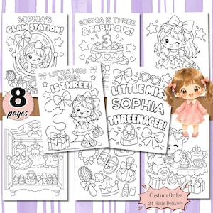 Peut inclure: Un ensemble de huit pages à colorier avec des illustrations au trait noir et blanc d'une fille nommée Sophia, de gâteaux d'anniversaire, de nœuds, d'accessoires et de vêtements, avec le texte Sophia's Glam Station et Threenager.