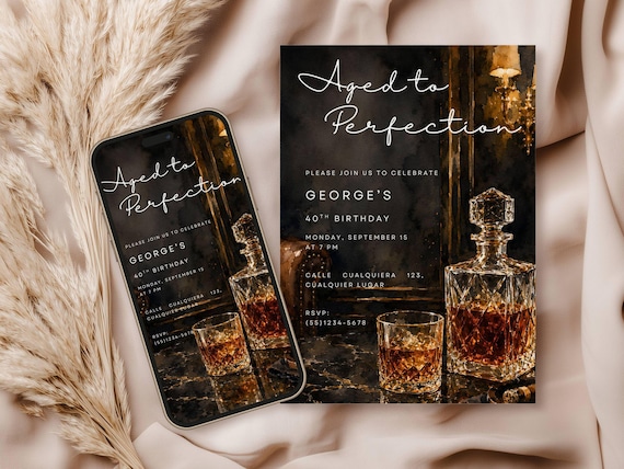 Editable Aged To Perfection Birthday Invitation Custom Whiskey Bourbon Party Invite theme Men's Milestone 30th 40th 50th 60th Canva Template