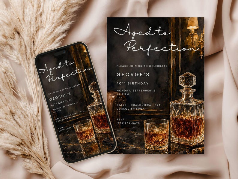 May include: An invitation and a smartphone displaying the same design. The design features the text "Aged to Perfection" and details for a 40th birthday celebration, including a crystal decanter and a glass of amber liquid.