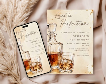 Editable Aged To Perfection Birthday Invitation Custom Whiskey Bourbon Party Invite theme Men's Milestone 30th 40th 50th 60th DIY Template