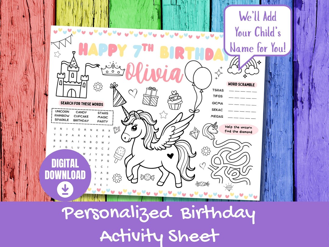 Unicorn Birthday Coloring Placemat | Personalized Party Activity Sheet ...
