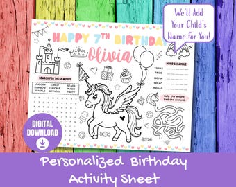 Unicorn Birthday Coloring Placemat | Personalized Party Activity Sheet | Editable Printable Favor | Rainbow Coloring Page for Kids Birthday