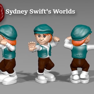 Pode incluir: Figura tridimensional de um personagem de desenho animado com boné, colete e calças marrons. A figura tem cabelo laranja e botas brancas. A imagem inclui o texto "Sydney Swift's Worlds" e "Pose G".