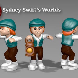 Pode incluir: Uma figura 3D de um personagem segurando uma lanterna. O personagem tem cabelo ruivo, boné e colete verde-azulado, camisa branca, calças marrons e botas brancas. A figura está em três poses, com o texto "Sydney Swift's Worlds" acima.