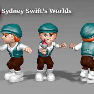 Pode incluir: Figura 3D de um menino de desenho animado com boné e colete verde-azulado, calças marrons e botas brancas, segurando uma arma de raios rosa. A imagem inclui o texto "Sydney Swift's Worlds" e "Pose C".