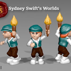 Pode incluir: Uma figura 3D de um personagem segurando uma tocha, usando boné, colete e calças marrons. A figura tem cabelo ruivo e sapatos brancos. A imagem inclui o texto "Sydney Swift's Worlds" e um selo vermelho.