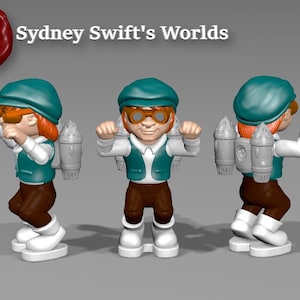 Pode incluir: Uma figura 3D de uma pessoa usando boné, colete e óculos verde-azulado, com um jetpack. A figura está em três poses, com o texto "Sydney Swift's Worlds" e "Pose H". A figura tem cabelo laranja e calças marrons.