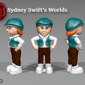 Pode incluir: Figura 3D de um personagem de desenho animado em três poses. O personagem tem cabelo ruivo, boné, colete e calças marrons. A figura está usando botas brancas e uma camisa branca. A imagem inclui o texto "Sydney Swift's Worlds".