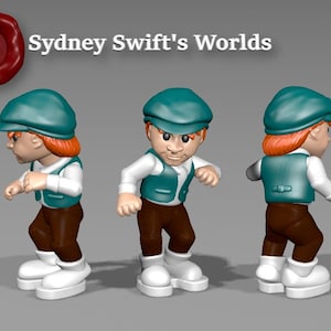 Pode incluir: Figura de desenho animado tridimensional com boné, colete e calças marrons. A figura tem cabelo ruivo e sapatos brancos. A imagem inclui o texto "Sydney Swift's Worlds" e "Pose F". Um selo vermelho com as letras "SS".