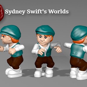Pode incluir: Figura de desenho animado tridimensional em pose de corrida, usando boné, colete e calças marrons. A figura tem cabelo ruivo e sapatos brancos. A imagem inclui o texto "Sydney Swift's Worlds" e "Pose A".