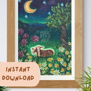 PRINTABLE Two-headed Calf Art Print - Animal Illustration, Whimsical Wall Art, Gothic Folk Art Decor, Poetry, Folklore