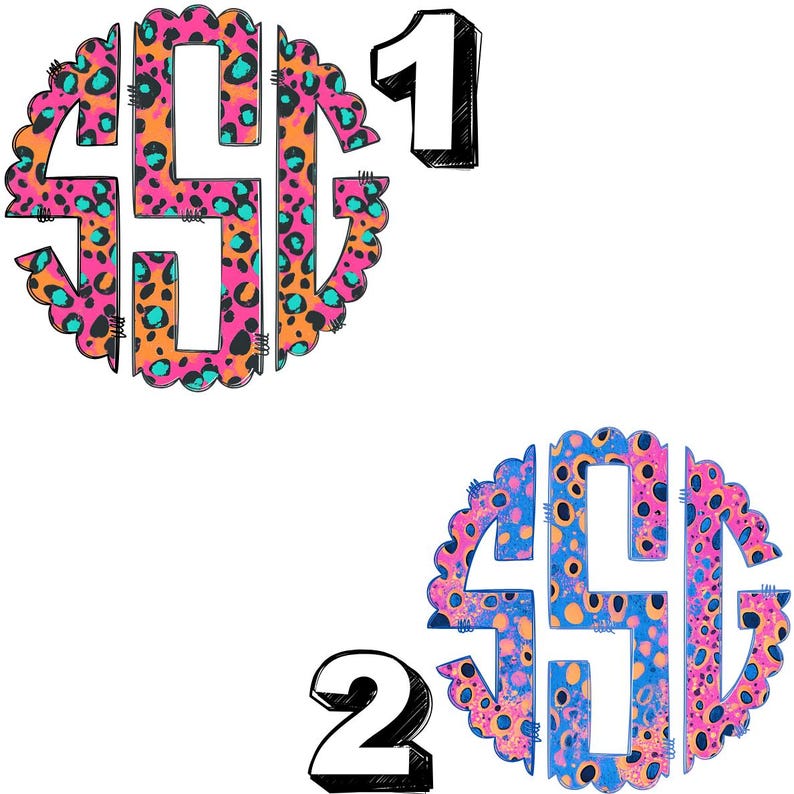 Op de afbeelding: Twee monogramontwerpen met een luipaardprintpatroon. Het eerste ontwerp toont de letters "SHG" in een roze, oranje en zwarte luipaardprint, met een geschulpte rand. Het nummer "1" staat naast het ontwerp. Het tweede ontwerp toont dezelfde letters in blauwe, roze en oranje luipaardprint, met het nummer "2".