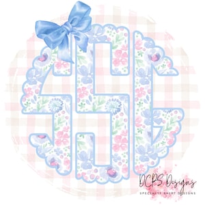 May include: A monogram design with the letters "JHC" in a light blue outline, filled with a floral pattern of pink and blue flowers. A light blue bow sits at the top. The background has a pink and white checkered pattern. The text "DCPS Designs" is at the bottom.