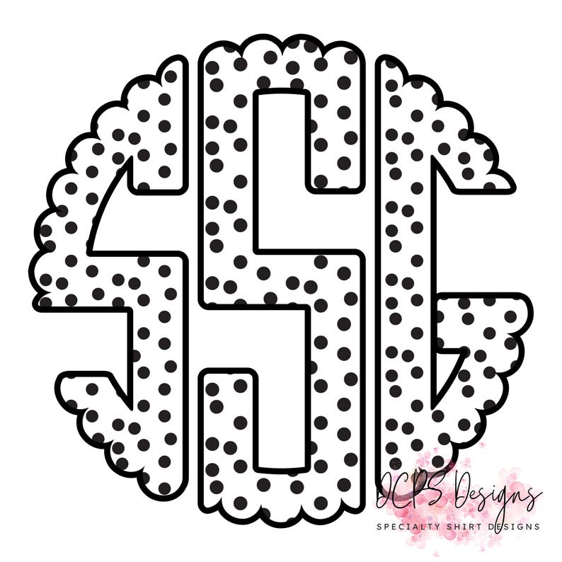 May include: A black and white monogram design with the letters "SGC" in a circular shape. The letters are filled with black polka dots and outlined in black. The outer edge has a scalloped design. The text "DCPS Designs" is in the bottom right corner.