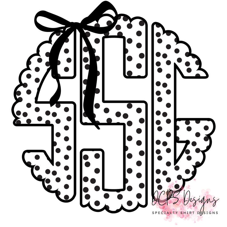 May include: A black and white monogram design with a scalloped edge and a black bow at the top. The monogram is filled with black polka dots. The design includes the letters S, G, and C. The text "DCPS Designs" is at the bottom.