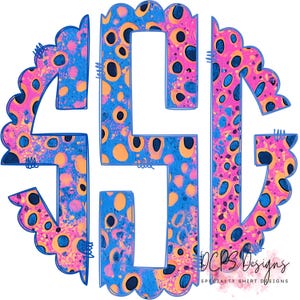 Op de afbeelding: Een kleurrijk monogramontwerp met de letters "LSG" in een artistieke stijl. De letters zijn gevuld met een levendig patroon van blauwe, roze en oranje stippen en spetters, omlijnd in blauw. Het ontwerp staat tegen een witte achtergrond.