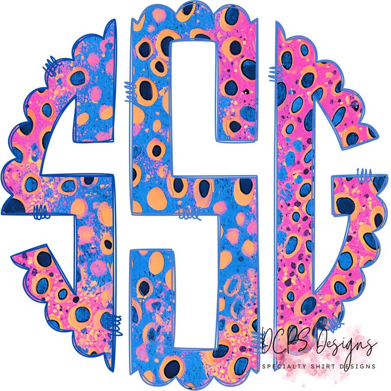 Op de afbeelding: Een kleurrijk monogramontwerp met de letters "LSG" in een artistieke stijl. De letters zijn gevuld met een levendig patroon van blauwe, roze en oranje stippen en spetters, omlijnd in blauw. Het ontwerp staat tegen een witte achtergrond.