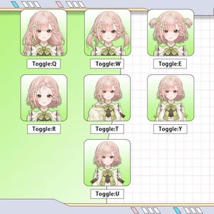 May include: A digital art graphic featuring seven different character designs. Each design showcases a female character with pink hair, flower accents, and a green and white outfit. Text below each design reads "Toggle:Q", "Toggle:W", "Toggle:E", "Toggle:R", "Toggle:T", "Toggle:Y", and "Toggle:U".