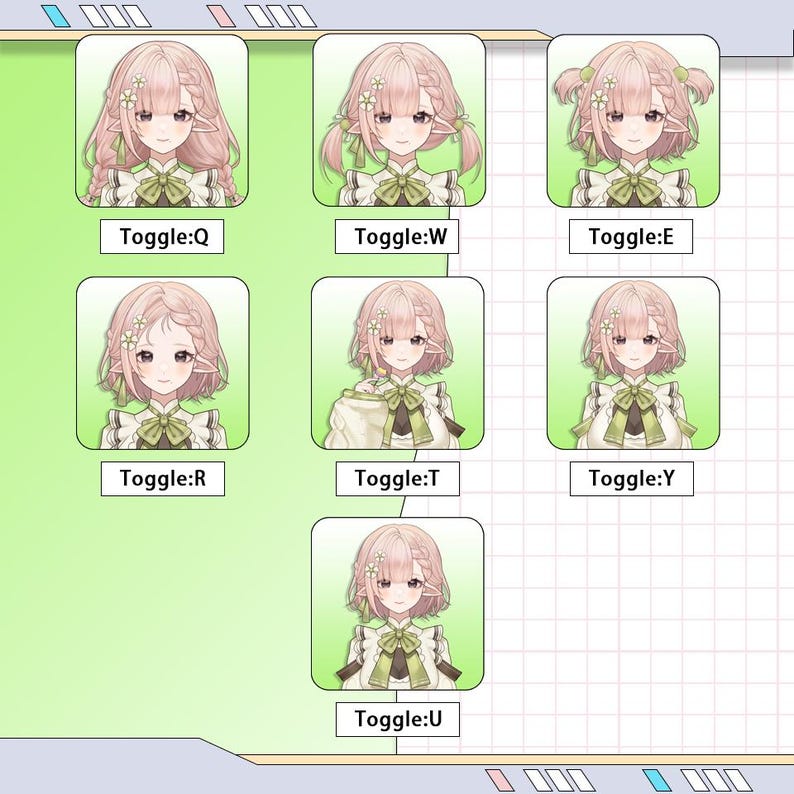 May include: A digital art graphic featuring seven different character designs. Each design showcases a female character with pink hair, flower accents, and a green and white outfit. Text below each design reads "Toggle:Q", "Toggle:W", "Toggle:E", "Toggle:R", "Toggle:T", "Toggle:Y", and "Toggle:U".