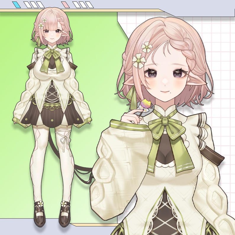 May include: An anime-style illustration of a character with pink hair, pointed ears, and a white and brown outfit with green accents. The character is holding a lollipop and has a gentle expression. The background is a light green and white grid.