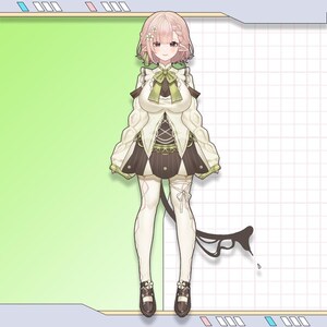 May include: Full-body illustration of a character with pink hair and a white and brown outfit. The character has a green bow, a short skirt, and brown shoes. The background is split between green and a grid pattern.
