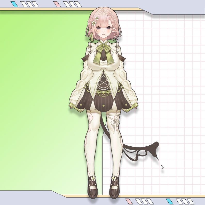 May include: Full-body illustration of a character with pink hair and a white and brown outfit. The character has a green bow, a short skirt, and brown shoes. The background is split between green and a grid pattern.