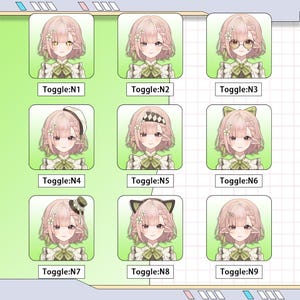 May include: Nine different anime-style character portraits with various hairstyles and accessories. Each portrait is framed in a green box with the text "Toggle:N1" through "Toggle:N9" below. The characters have pink hair and wear a green bow tie.