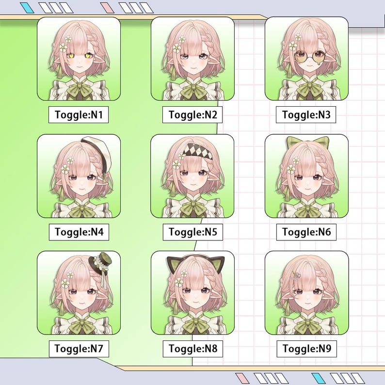 May include: Nine different anime-style character portraits with various hairstyles and accessories. Each portrait is framed in a green box with the text "Toggle:N1" through "Toggle:N9" below. The characters have pink hair and wear a green bow tie.