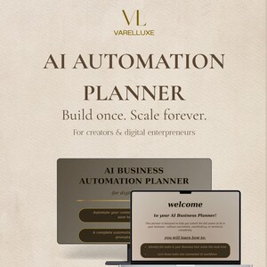 Könnte beinhalten: Ein digitaler KI-Automatisierungsplaner mit dem Text "AI AUTOMATION PLANNER" und "Build once. Scale forever." Ein Laptop zeigt "welcome to your AI Business Planner!" und ein Tablet zeigt "AI BUSINESS AUTOMATION PLANNER."