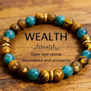 Pulseras de piedra de la riqueza • Pulseras de cuentas de ojo de tigre azul con suerte • Regalos de cumpleaños • Joyería de curación de abundancia de piedra natural • Sin caja