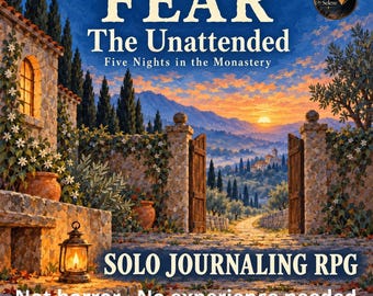 May include: A digital illustration for the solo journaling RPG titled FEAR The Unattended Five Nights in the Monastery by Inner Lantern Studio. The scene depicts a stone monastery courtyard at sunset with a glowing lantern and open wooden gates.