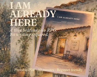 May include: A rectangular game card titled I AM ALREADY HERE featuring a watercolour illustration of a Mediterranean-style house at dusk with a lit lantern, a chair, and the text CASA LUZ. The card includes game details and Inner Lantern Studio branding.