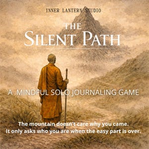 May include: A watercolour illustration depicts a figure in orange robes on a path leading to a mountain. The text reads "THE SILENT PATH" and "A MINDFUL SOLO JOURNALING GAME". Additional text: "The mountain doesn't care why you came. It only asks who you are when the easy part is over."