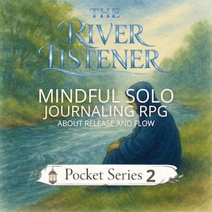 Puede incluir: Portada de libro con el título "The River Listener" en escritura azul. La imagen presenta a una persona con una túnica azul con capucha sentada junto a un río. El texto dice "Mindful Solo Journaling RPG About Release and Flow" y "Pocket Series 2".