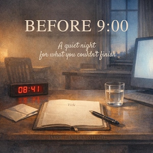 Peut inclure: Illustration d'un bureau avec un livre, un stylo et un verre d'eau. Le texte "BEFORE 9:00" et "A quiet night for what you couldn't finish" sont affichés. Un réveil affiche 08:41.