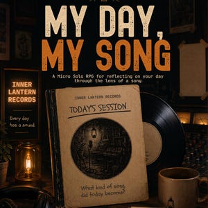 May include: A tan book titled Today's Session with a circular black and white illustration of a room with a microphone and lantern. The text reads My Day, My Song, A Micro Solo RPG for reflecting on your day through the lens of a song, and Inner Lantern Records. The cover also asks, What kind of song did today become?