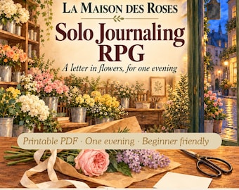 May include: A digital game titled La Maison des Roses Solo Journaling RPG, featuring a bouquet of pink roses and purple lilacs on a wooden table with scissors. The text reads Printable PDF, One evening, Beginner friendly, and Your guide for tonight.