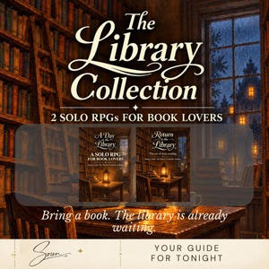 Könnte beinhalten: The Library Collection umfasst zwei Solo-Rollenspielbücher mit den Titeln A Day at the Library und Return to the Library. Das Cover zeigt ein dunkles Bibliotheksinterieur aus Holz mit einer leuchtenden Laterne und einem regnerischen Fenster.