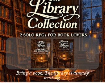 May include: The Library Collection features two solo RPG books titled A Day at the Library and Return to the Library. The cover art depicts a dark, wooden library interior with a glowing lantern on a desk and a rainy window view at night.
