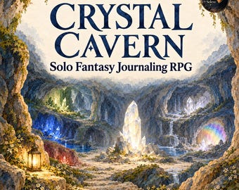 May include: The Crystal Cavern Solo Fantasy Journaling RPG book cover features a detailed illustration of a glowing cavern with large crystals, waterfalls, and a lantern. The text reads THE CRYSTAL CAVERN Solo Fantasy Journaling RPG and MINDFUL FANTASY BEGINNER FRIENDLY.