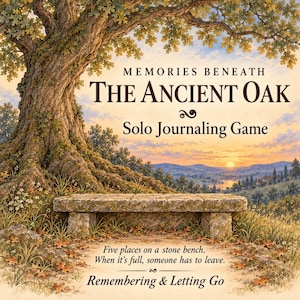 May include: A solo journaling game titled Memories Beneath The Ancient Oak featuring an illustration of a large oak tree and a stone bench at sunset. The text reads: Five places on a stone bench. When it's full, someone has to leave. Remembering & Letting Go.