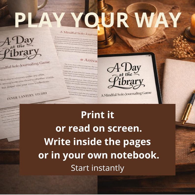 K&ouml;nnte beinhalten: Das Bild zeigt "A Day at the Library", ein achtsames Solo-Journaling-Spiel, auf Papier und einem Tablet. Der Text lautet "Play Your Way" und "Drucken oder auf dem Bildschirm lesen. Schreiben Sie in die Seiten oder in Ihr eigenes Notizbuch. Sofort starten."