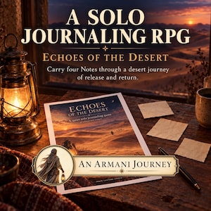 May include: A solo journaling RPG titled Echoes of the Desert, featuring a game manual with a desert landscape cover, a lit metal lantern, three blank parchment notes, and a black pen. The text reads A SOLO JOURNALING RPG, ECHOES OF THE DESERT, and AN ARMANI JOURNEY.