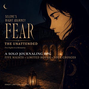 Può includere: Un gioco di ruolo in solitaria intitolato Selene's Night Journey Fear: The Unattended, Five Nights in a Monastery. La copertina presenta un'illustrazione scura di una persona di profilo, una lanterna luminosa e una luna crescente. Il testo include Five Nights, Limited Hours, Your Choices e Inner Lantern Studio.