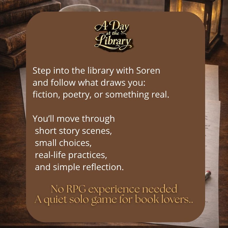 K&ouml;nnte beinhalten: Braune Grafik mit dem Text "A Day at the Library" und zus&auml;tzlichem Text, der ein Solo-Spiel f&uuml;r B&uuml;cherliebhaber beschreibt. Der Text l&auml;dt dazu ein, Fiktion, Poesie und reale Praktiken zu erkunden.