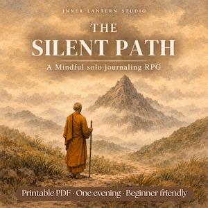 May include: A digital cover for The Silent Path, a mindful solo journaling RPG by Inner Lantern Studio. It features a person in orange robes holding a wooden staff, standing on a path facing a large, misty mountain under a sepia-toned sky.