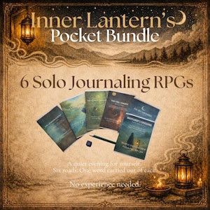 May include: A collection of six solo journaling RPG booklets titled Inner Lantern's Pocket Bundle, featuring titles like The Lantern Keeper and Wayfarer's Crossing, accompanied by a single pencil and a small blue die on a textured parchment background.