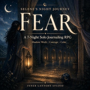Op de afbeelding: Illustratie voor "Selene's Night Journey: Fear", een 7-nachten solo journaling RPG. De afbeelding toont een vrouw die een lantaarn vasthoudt, met het woord "FEAR" prominent weergegeven. De achtergrond toont een maanverlichte nacht en een stenen gang.